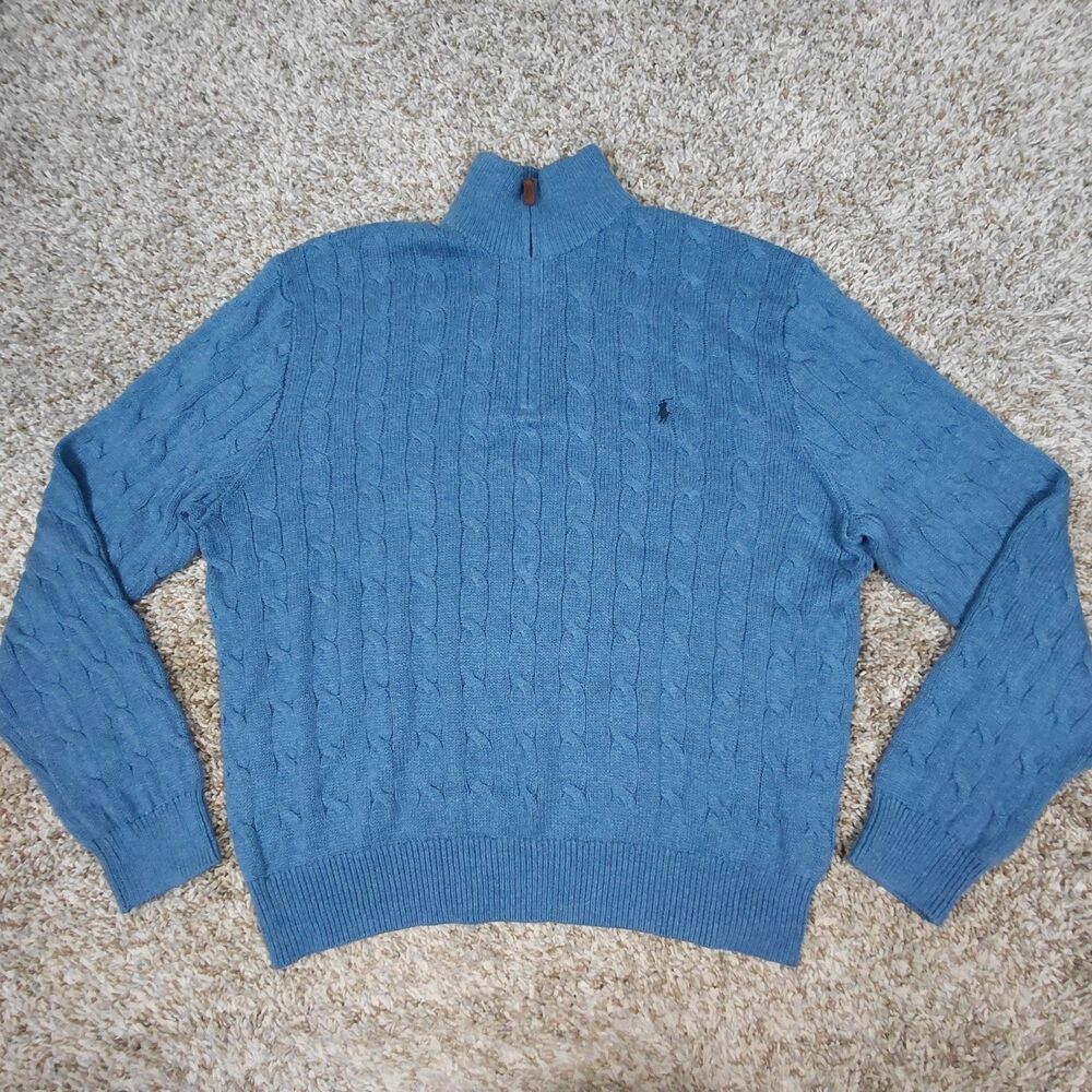 Polo Ralph Lauren Sweater Men XL Blue Cable Knit Quarter 1/4 Zip Pullover Cotton